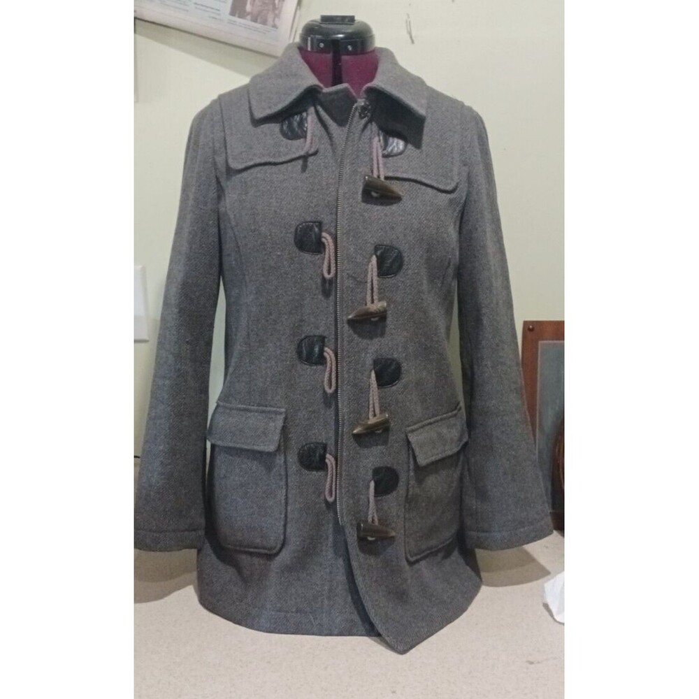 Banana Republic Duffle Pea Coat Women's S Gray Wool Blend Hooded Toggle Preppy